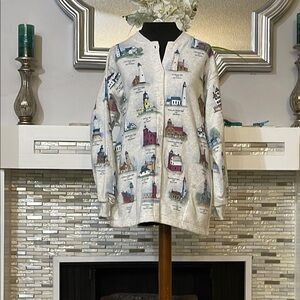 Vintage 90’s all over light houses button front sweatshirt cardigan size L